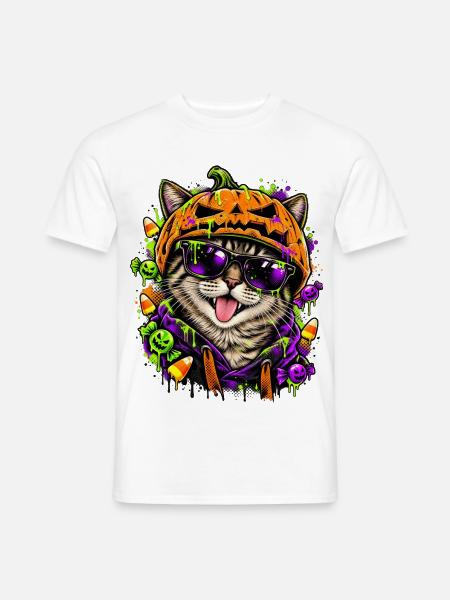 Halloween Katze mit Kürbiskopf - Männer T-Shirt - Weiß