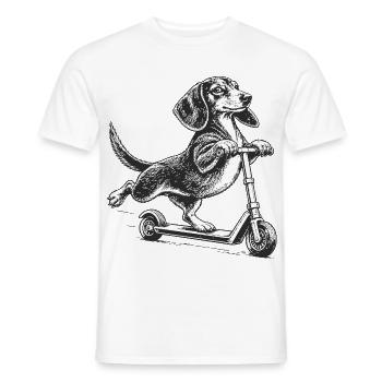 Dackel auf dem Tretroller – Vintage-Stil - Männer T-Shirt - Weiß - Vorne - AI Model Male 178 dark (178cm)