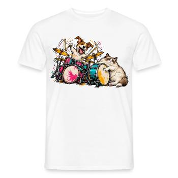 Ragdoll und Jack Russell spielen Schlagzeug – Musi - Männer T-Shirt - Weiß - Vorne - AI Model Male 178 dark (178cm)