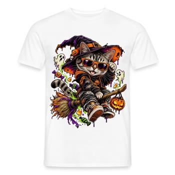 Halloween Hexenkatze auf Besen - Männer T-Shirt - Weiß - Vorne - AI Model Male 178 dark (178cm)