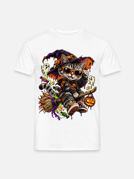 Halloween Hexenkatze auf Besen - Männer T-Shirt - Weiß