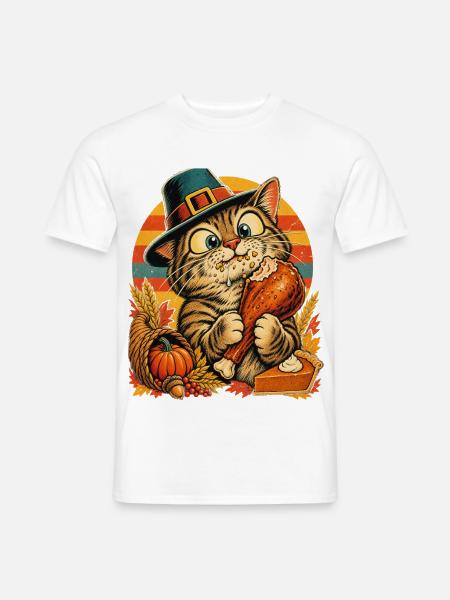 Thanksgiving-Katze mit erwischtem Truthahn - Männer T-Shirt - Weiß