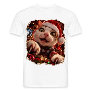 Verrückte Weihnachtskatze – Bescherung mit Krallen - Männer T-Shirt - Weiß - Vorne - AI Model Male 178 dark (178cm)