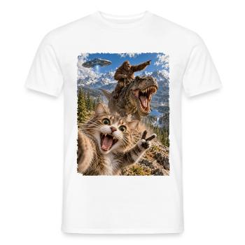 Lustiges Katze Selfie mit Bigfoot, T-Rex, UFO - Männer T-Shirt - Weiß - Vorne - AI Model Male 178 dark (178cm)
