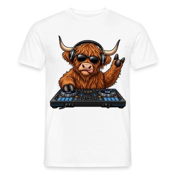 Highland Cattle als DJ – Schottischer Partyspaß - Männer T-Shirt - Weiß - Vorne - AI Model Male 178 dark (178cm)
