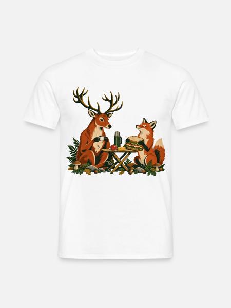 Rotwild und Fuchs beim Waldfrühstück - Männer T-Shirt - Weiß