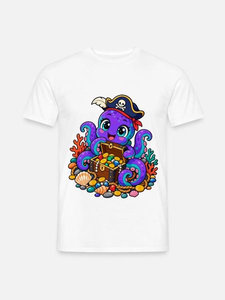 Piraten-Tintenfisch mit Schatztruhe - Männer T-Shirt - Weiß