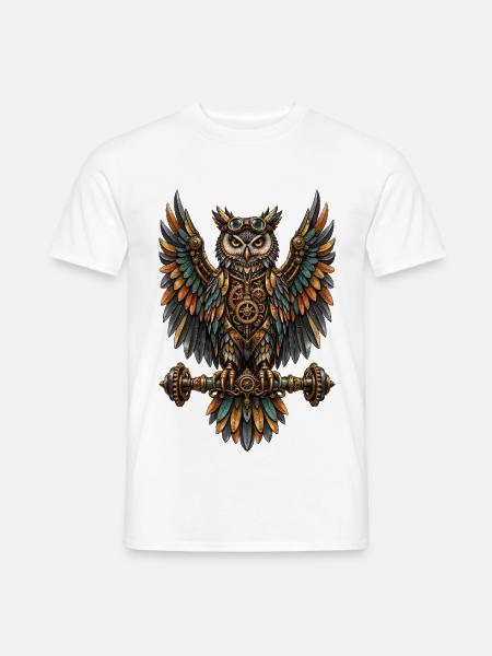Steampunk-Eule mit Zahnrädern - Männer T-Shirt - Weiß