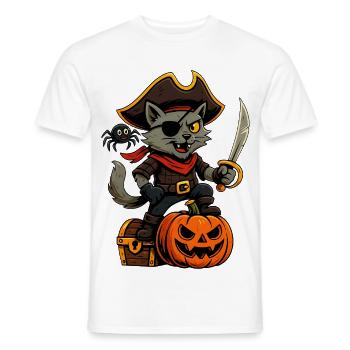 Piraten-Katze mit Kürbis, Schatztruhe und Spinne - Männer T-Shirt - Weiß - Vorne - AI Model Male 178 dark (178cm)