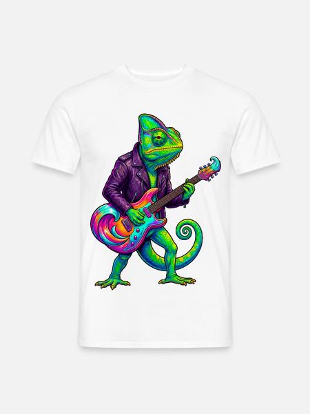 Chamäleon in Lederjacke und Neon E-Gitarre - Männer T-Shirt - Weiß