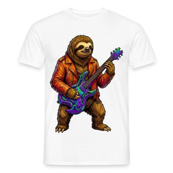 Sloth in leather jacket with neon electric guitar - Men's T-Shirt - white - Front - AI Model Male 178 dark (178cm)