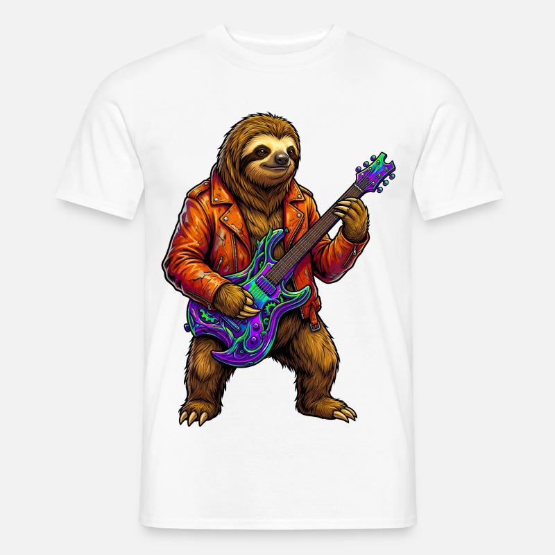 Faultier in Lederjacke mit Neon E-Gitarre - Männer T-Shirt - Weiß