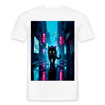 Schwarze CyberpunkKatze in neonfarbener Regenstadt - Männer T-Shirt - Weiß - Vorne - AI Model Male 178 dark (178cm)
