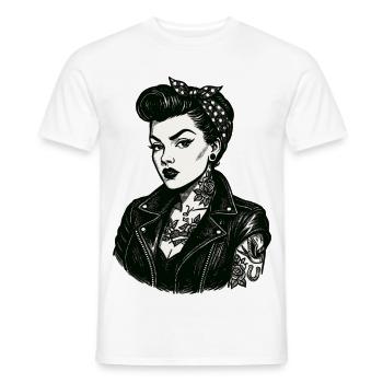 Veste en cuir de Pin-Up rebelle des années 50 - T-shirt homme - blanc - Devant - AI Model Male 178 dark (178cm)