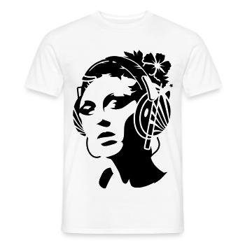 A young woman with headphones and a flower in her - Men's T-Shirt - white - Front - AI Model Male 178 dark (178cm)