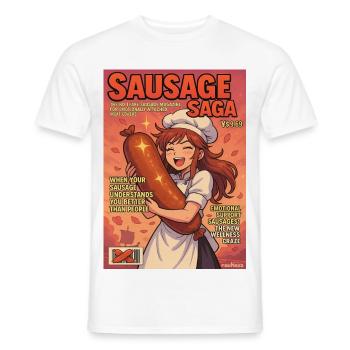 Sausage Saga Fake Comic Magazine Cook - Men's T-Shirt - white - Front - AI Model Male 178 dark (178cm)
