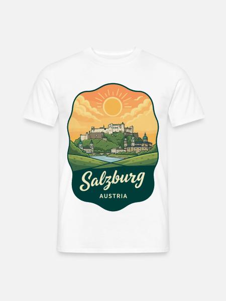 Salzburger Festung Retro Sonnenuntergangsabzeichen - Männer T-Shirt - Weiß