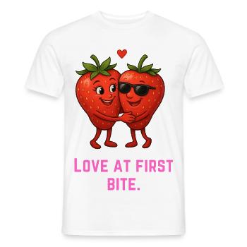 Love at First Bite Strawberries Cartoon - Men's T-Shirt - white - Front - AI Model Male 178 dark (178cm)