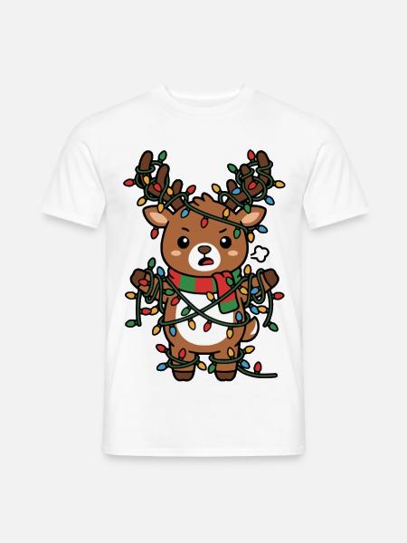 Niedliche Kawaii-Rentier-Verhedderte Weihnachtslichter - Männer T-Shirt - Weiß