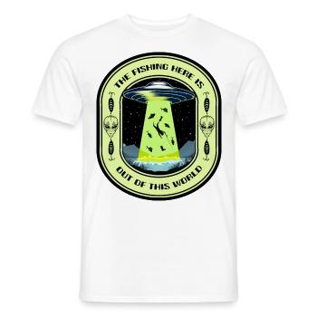 The Fishing Here Is Out Of This World UFO Fishing - Men's T-Shirt - white - Front - AI Model Male 178 dark (178cm)