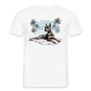 Doberman avec des lunettes de soleil à la plage - T-shirt homme - blanc - Devant - AI Model Male 178 dark (178cm)