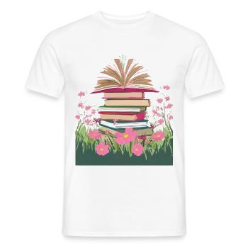 A stack of books in a flower meadow - Men's T-Shirt - white - Front - AI Model Male 178 dark (178cm)