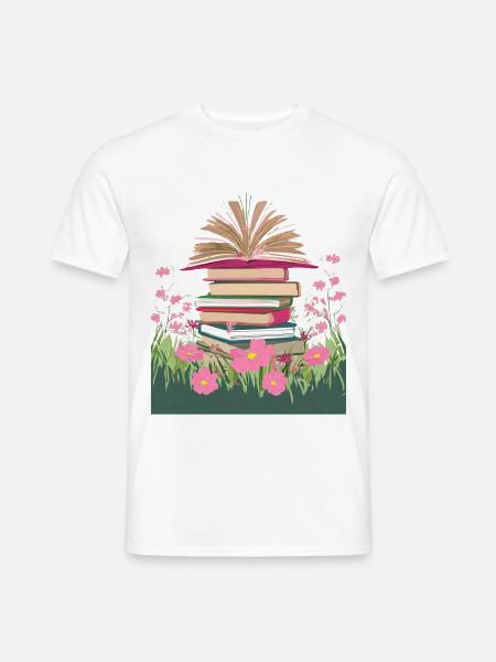 Ein Stapel Bücher auf einer Blumenwiese - Männer T-Shirt - Weiß