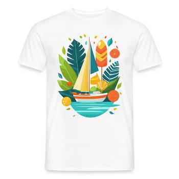 Crazy summer illustration with yacht - Men's T-Shirt - white - Front - AI Model Male 178 dark (178cm)