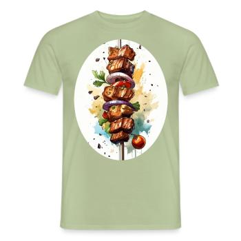 Meat skewer at grilling - Men's T-Shirt - sage - Front - AI Model Male 178 light (178cm)