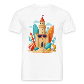 Summer holiday on the beach with sandcastle and surfboard - Men's T-Shirt - white - Front - AI Model Male 178 dark (178cm)