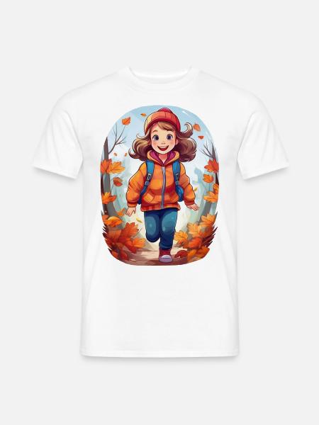 Ein fröhliches Kind, das im Herbst Wald spielt - Männer T-Shirt - Weiß