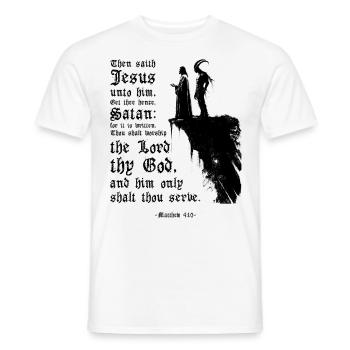 Jesus and Satan Matthew 4:10 Bible Verse Christian - Men's T-Shirt - white - Front - AI Model Male 178 dark (178cm)