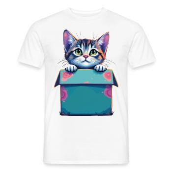 Chat assis dans un emballage en carton Humour drôle typique - T-shirt homme - blanc - Devant - AI Model Male 178 dark (178cm)