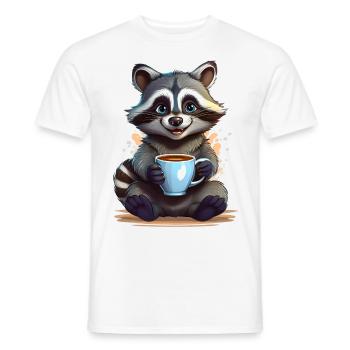 A happy raccoon with a cup of coffee - Men's T-Shirt - white - Front - AI Model Male 178 dark (178cm)
