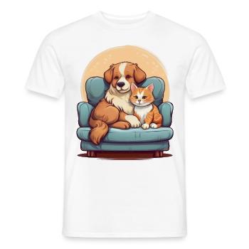 Chien et chat assis ensemble sur le canapé - T-shirt homme - blanc - Devant - AI Model Male 178 dark (178cm)