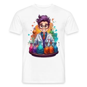 A funny chemist with colorful chemicals - Men's T-Shirt - white - Front - AI Model Male 178 dark (178cm)