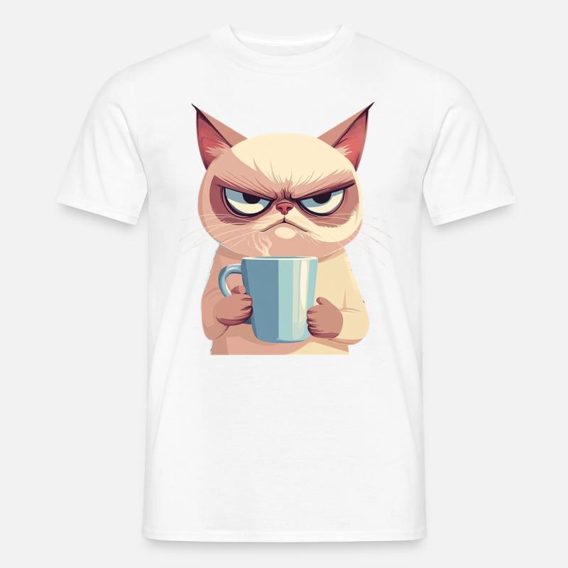 Grumpy-Stil: Grantige Katze mit Kaffee - Männer T-Shirt - Weiß