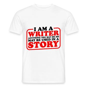 Tout ce que vous dites ou faites peut être utilisé dans une histoire 29 - T-shirt homme - blanc - Devant - AI Model Male 178 dark (178cm)
