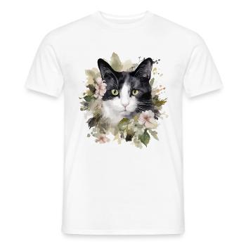 Black White Cat Flowers Watercolor Art Colorful - Men's T-Shirt - white - Front - AI Model Male 178 dark (178cm)