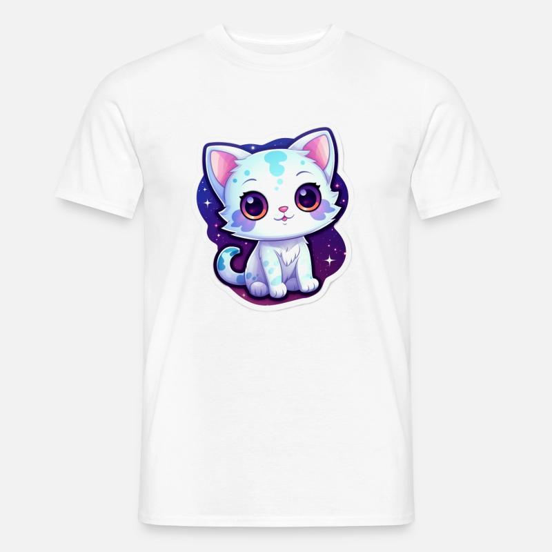 Mignon chat de dessin animé flottant dans l’espace - T-shirt homme - blanc