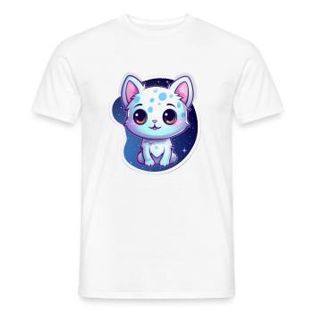 "Kitty Galaxy: Cute Cartoon Floating in Space" - Men's T-Shirt - white - Front - AI Model Male 178 dark (178cm)