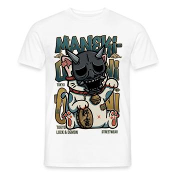 Maneki Oni Japanese Cat Streetwear Art Anime Kawai - Men's T-Shirt - white - Front - AI Model Male 178 dark (178cm)