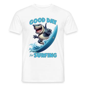 Funny shark with a surfboard - surfer - Men's T-Shirt - white - Front - AI Model Male 178 dark (178cm)