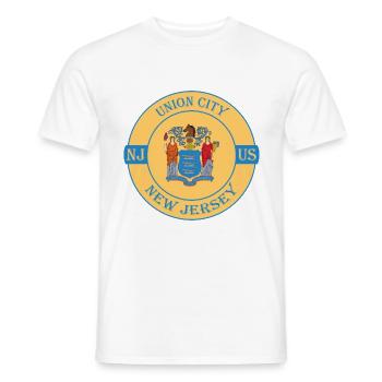 Union City New Jersey Flag USA Souvenir Badge - Men's T-Shirt - white - Front - AI Model Male 178 dark (178cm)