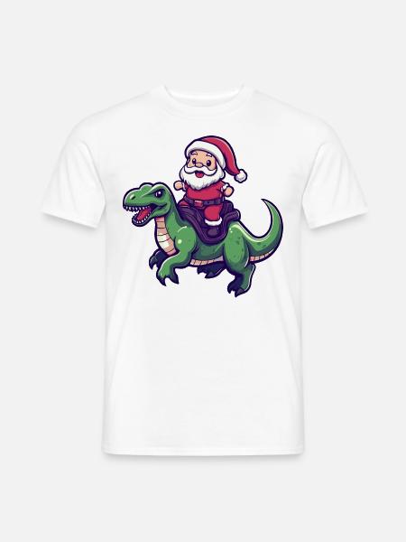 Dinosaure T-Rex Père Noël Dessin animé - T-shirt homme - blanc