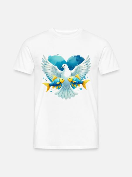 Friedenstaube mit blauem Herzfisch - Männer T-Shirt - Weiß