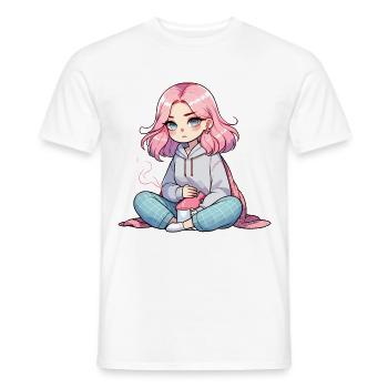 Fille animée confortable avec des cheveux roses et du thé - T-shirt homme - blanc - Devant - AI Model Male 178 dark (178cm)