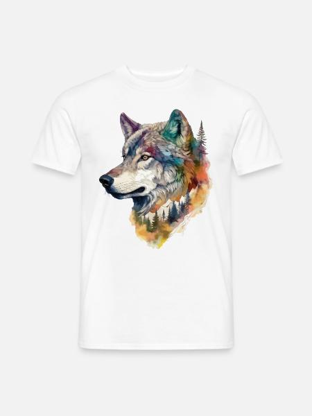 Wolf Wolfskopf Natur Wildnis Wald Bäume Kunst - Mænd T-shirt - hvid