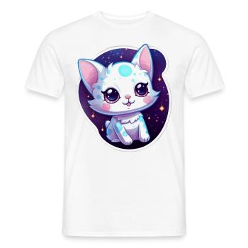 "Kitty Galaxy: Cute Cartoon Floating in Space" - Men's T-Shirt - white - Front - AI Model Male 178 dark (178cm)