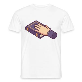 Main jurant sur un livre. - T-shirt homme - blanc - Devant - AI Model Male 178 dark (178cm)